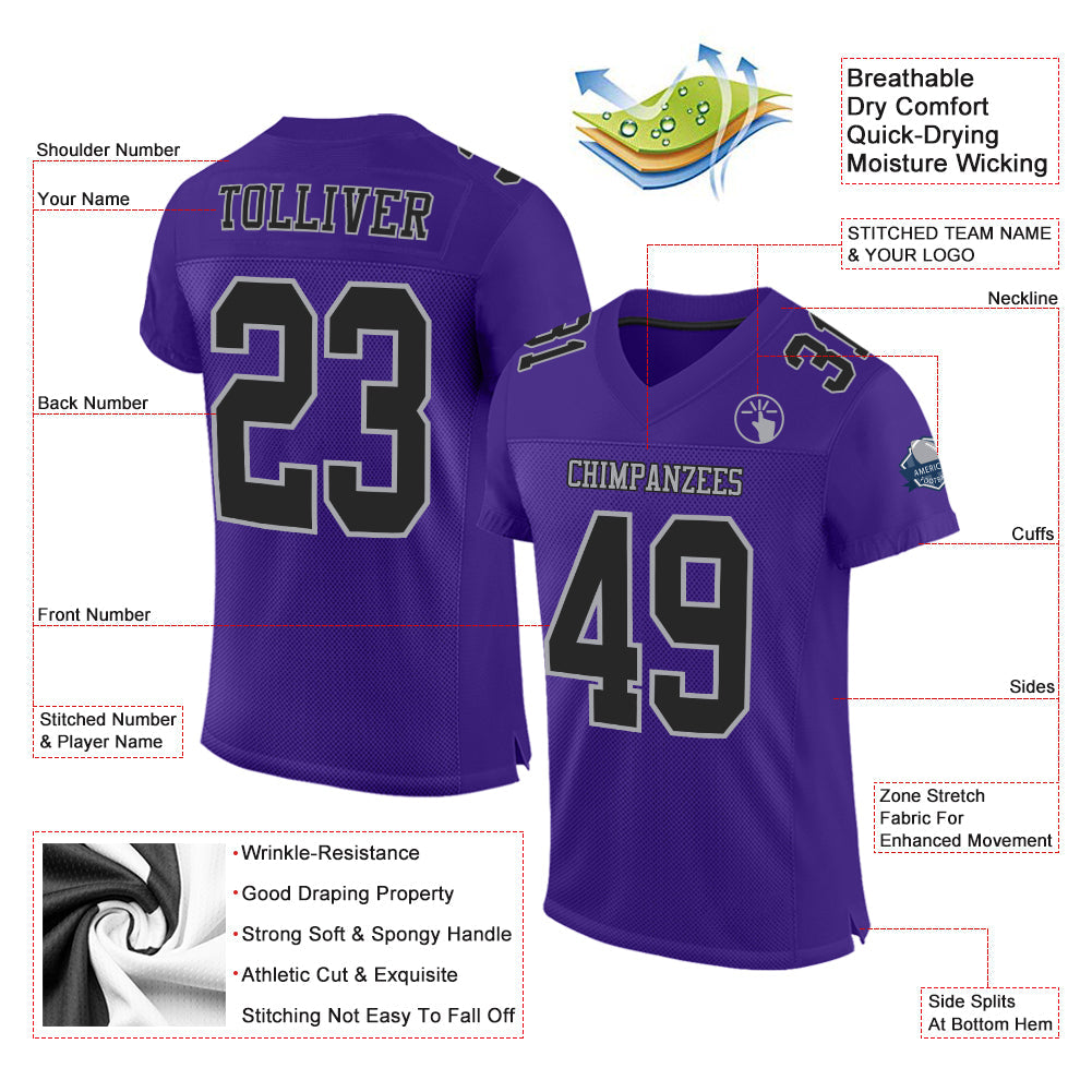 Custom Purple Black-Gray Mesh Authentic Football Jersey view 2