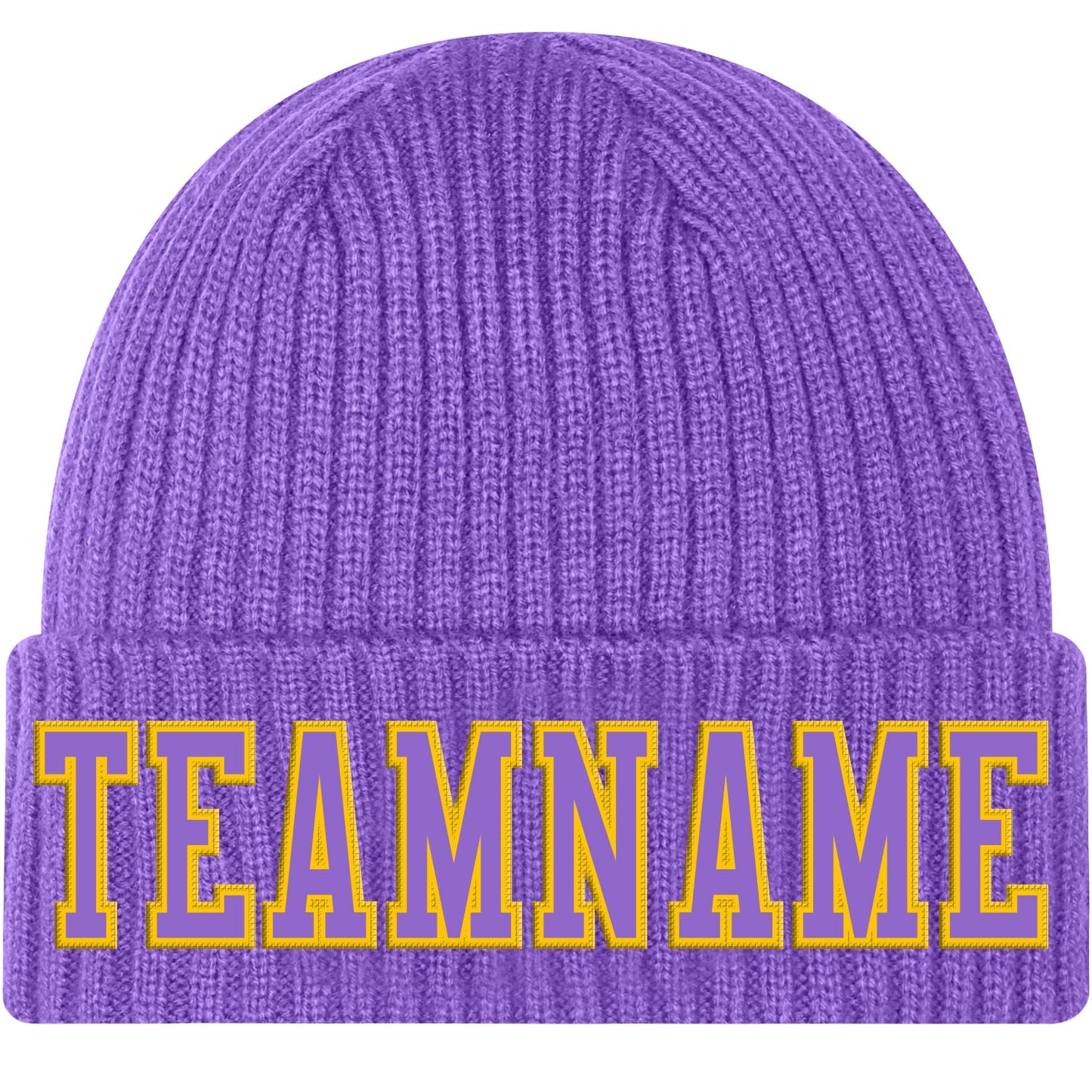 Custom Purple Purple-Gold Stitched Cuffed Knit Hat - Main View