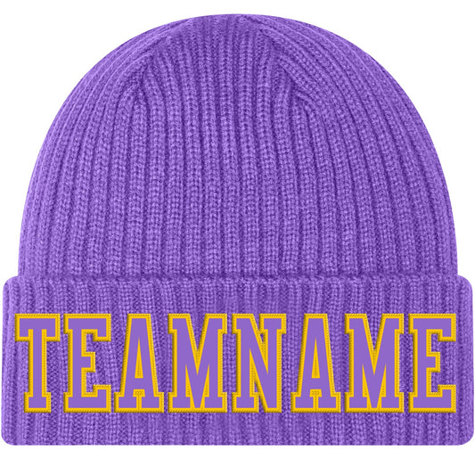 Custom Purple Purple-Gold Stitched Cuffed Knit Hat - Main View