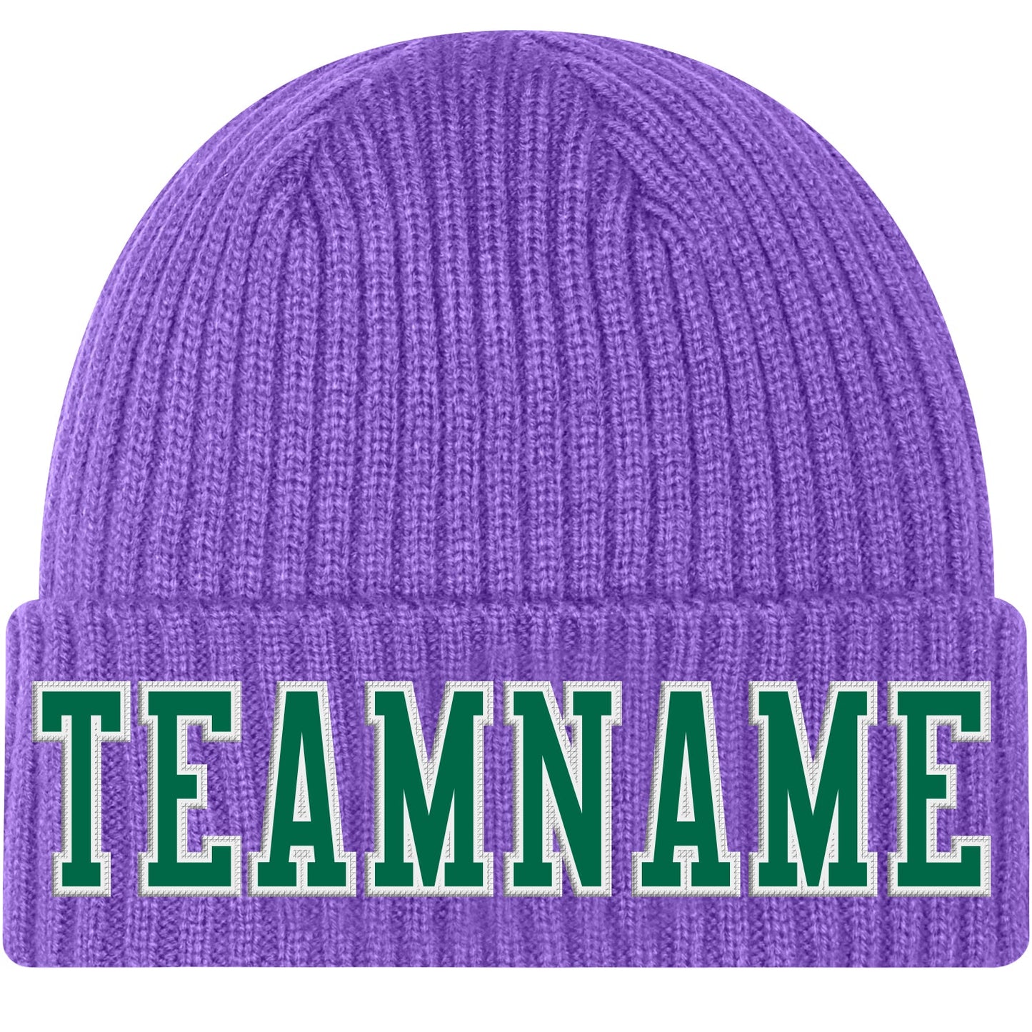 Custom Purple Kelly Green-White Stitched Cuffed Knit Hat - Main View