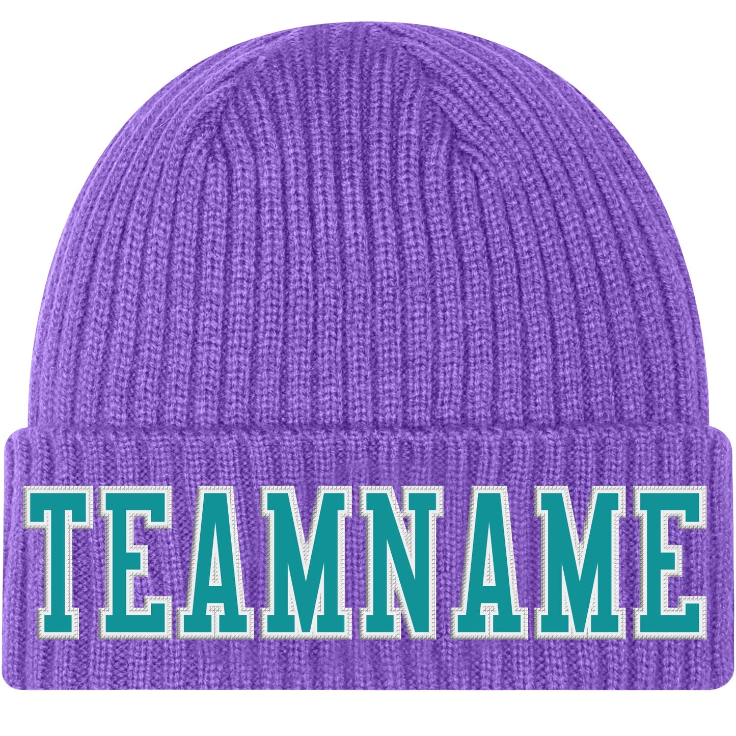 Custom Purple Aqua-White Stitched Cuffed Knit Hat - Main View