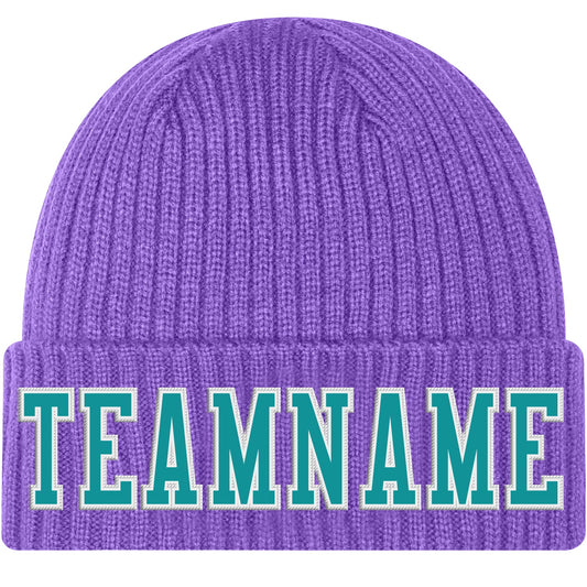 Custom Purple Aqua-White Stitched Cuffed Knit Hat - Main View