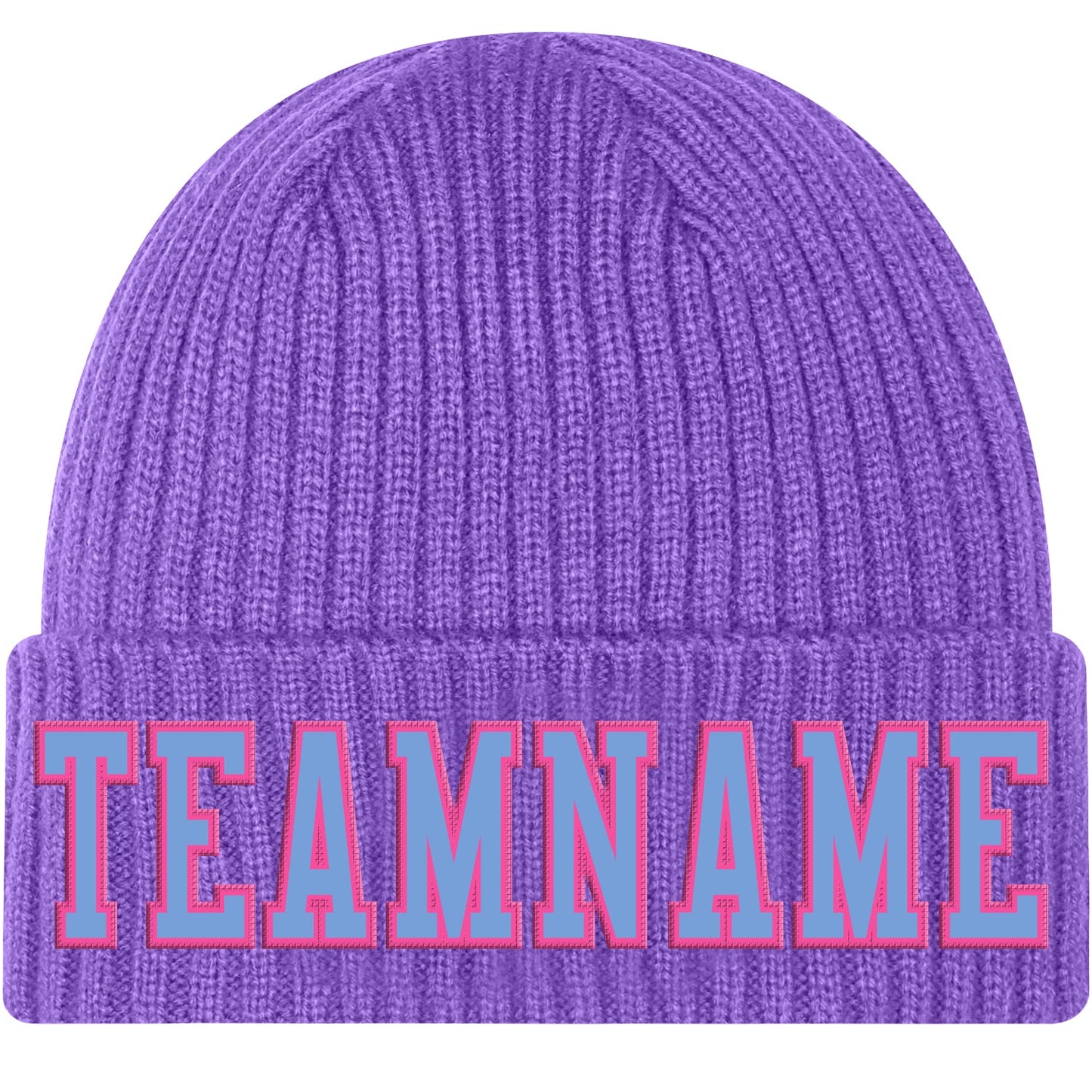 Custom Purple Light Blue-Pink Stitched Cuffed Knit Hat - Main View