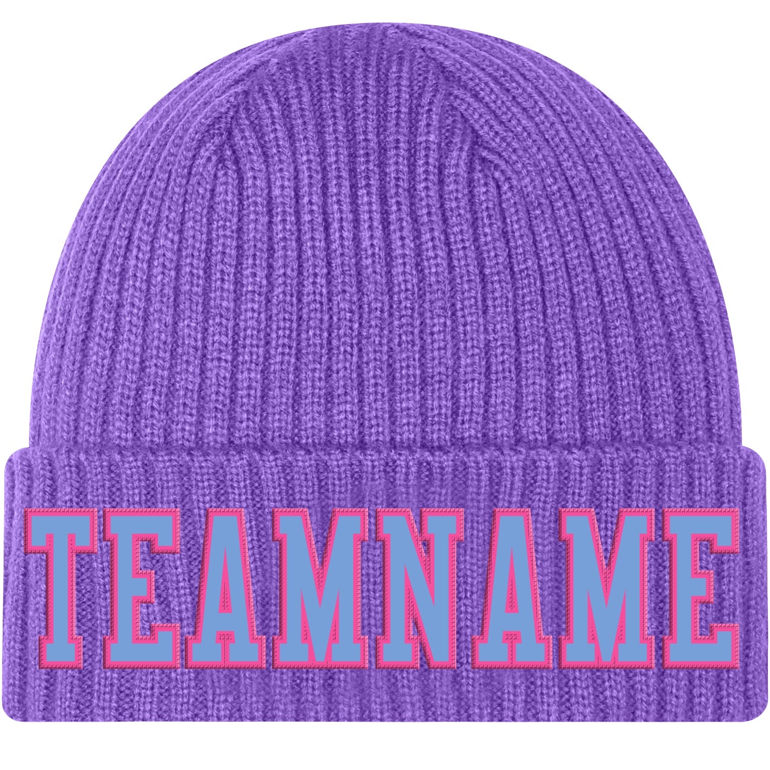 Custom Purple Light Blue-Pink Stitched Cuffed Knit Hat - Main View