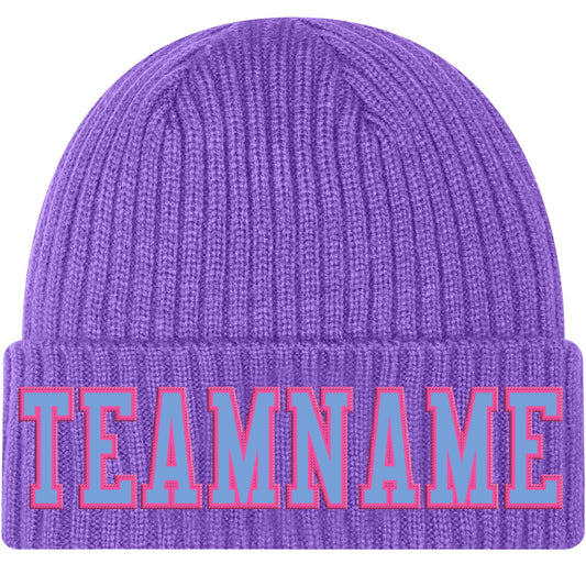 Custom Purple Light Blue-Pink Stitched Cuffed Knit Hat - Main View