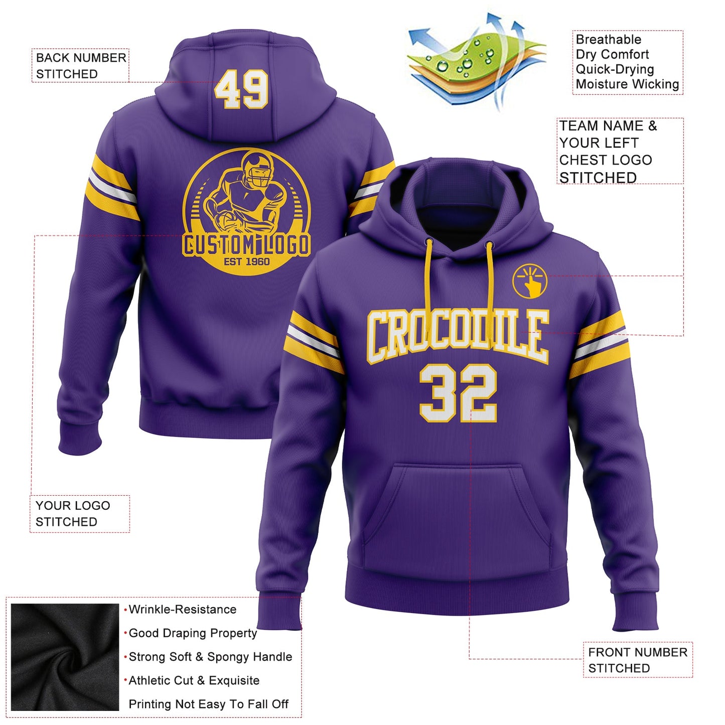 Custom Stitched Purple White-Gold Football Pullover Sweatshirt Hoodie view 2
