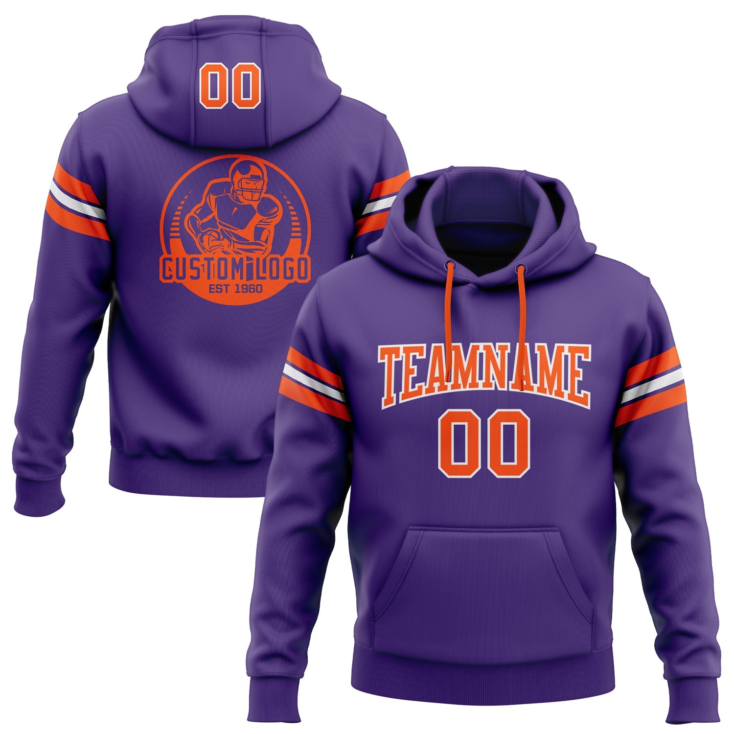 Custom Stitched Purple Orange-White Football Pullover Sweatshirt Hoodie - Main View