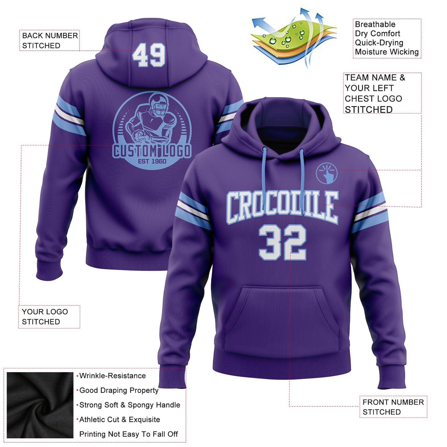 Custom Stitched Purple White-Light Blue Football Pullover Sweatshirt Hoodie view 2