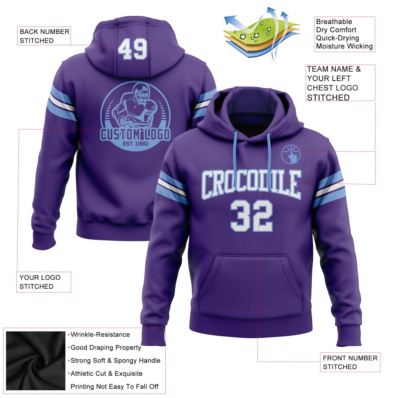 Custom Stitched Purple White-Light Blue Football Pullover Sweatshirt Hoodie view 2