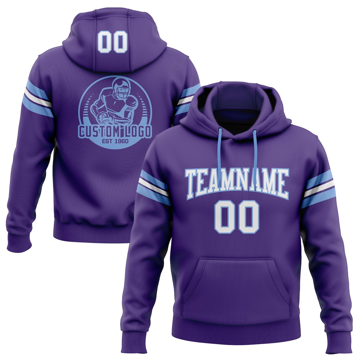 Custom Stitched Purple White-Light Blue Football Pullover Sweatshirt Hoodie - Main View