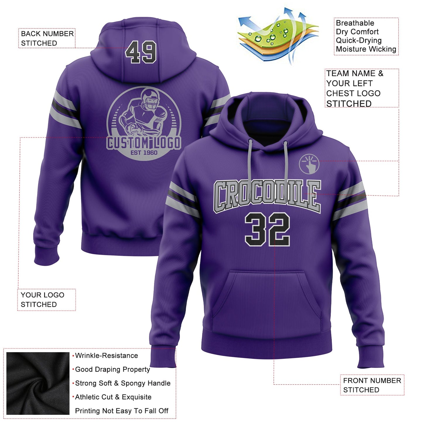 Custom Stitched Purple Black-Gray Football Pullover Sweatshirt Hoodie view 2