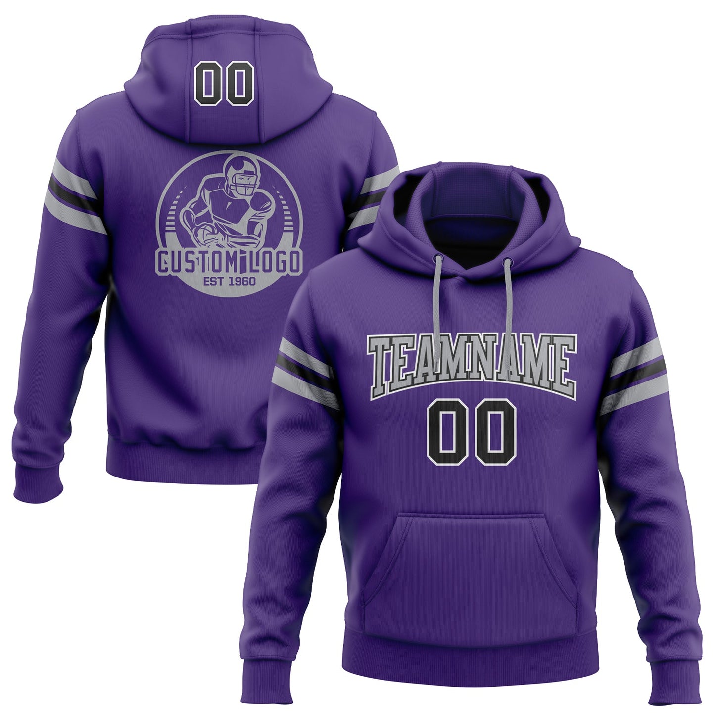 Custom Stitched Purple Black-Gray Football Pullover Sweatshirt Hoodie - Main View