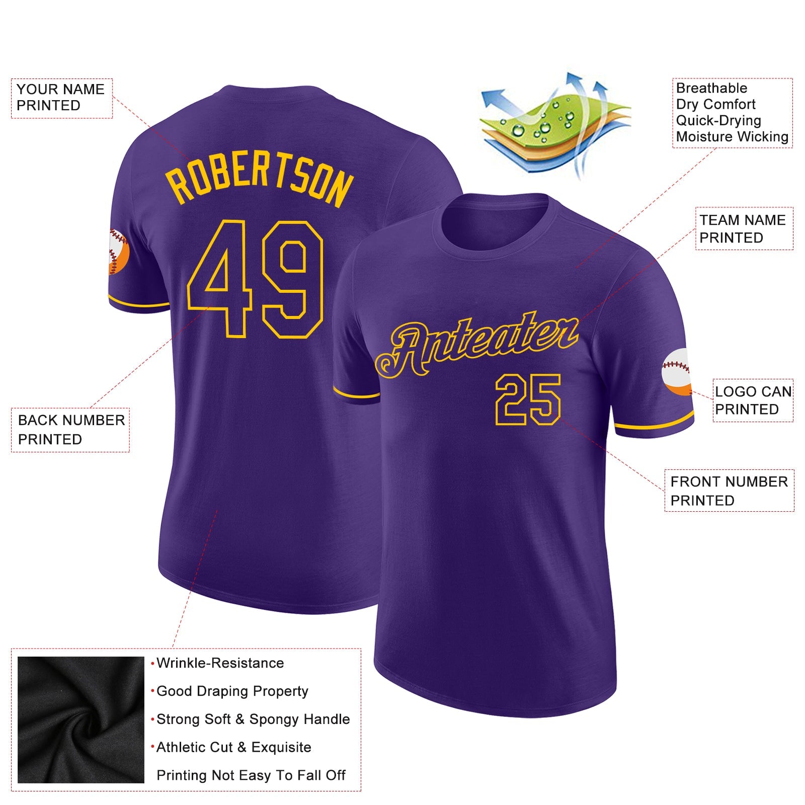 Custom Purple Purple-Gold Performance T-Shirt view 2
