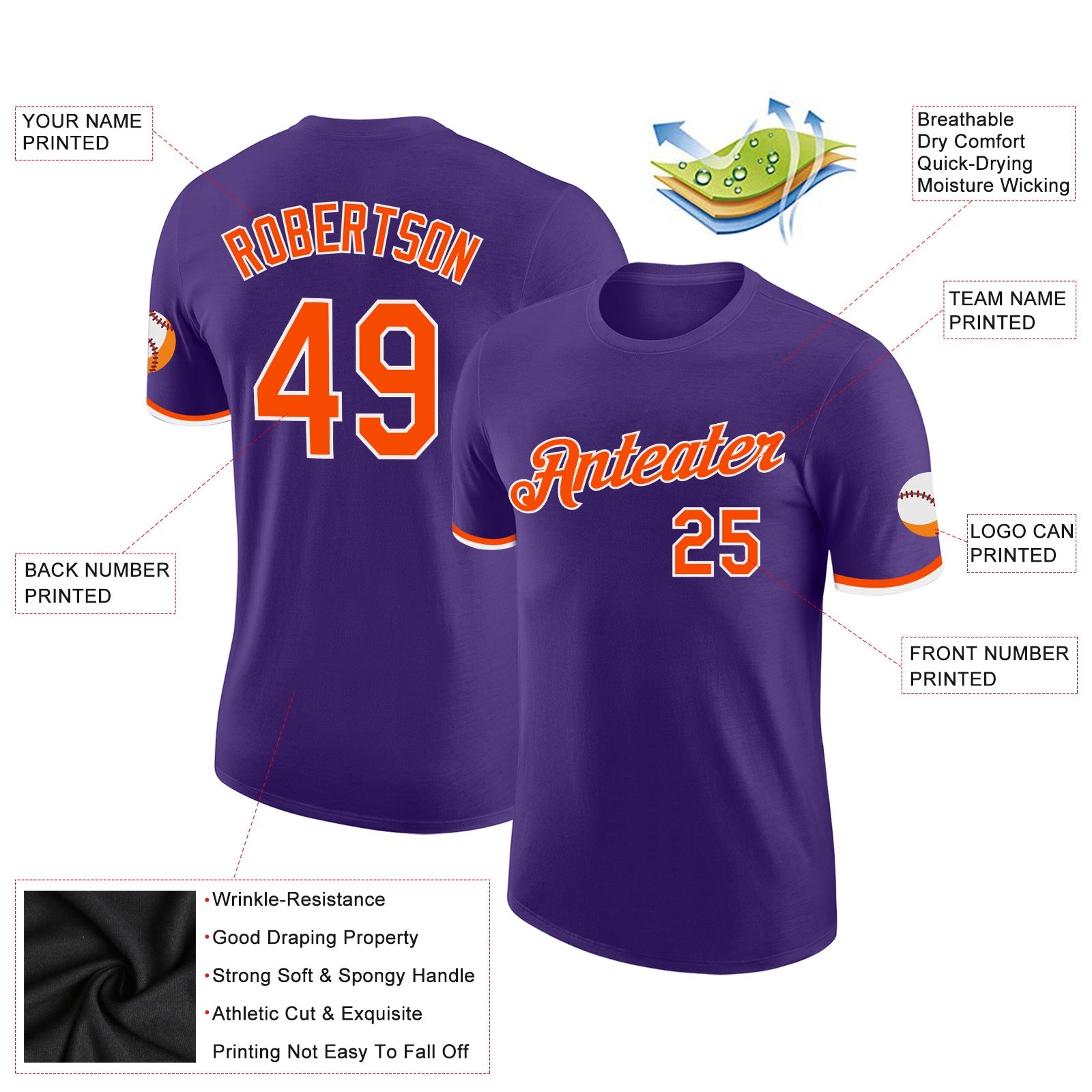 Custom Purple Orange-White Performance T-Shirt view 2