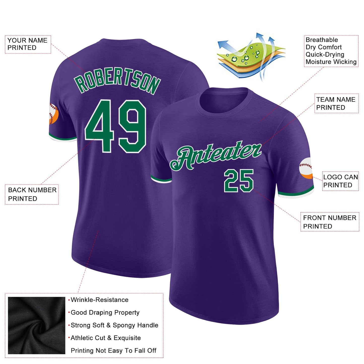 Custom Purple Kelly Green-White Performance T-Shirt view 2