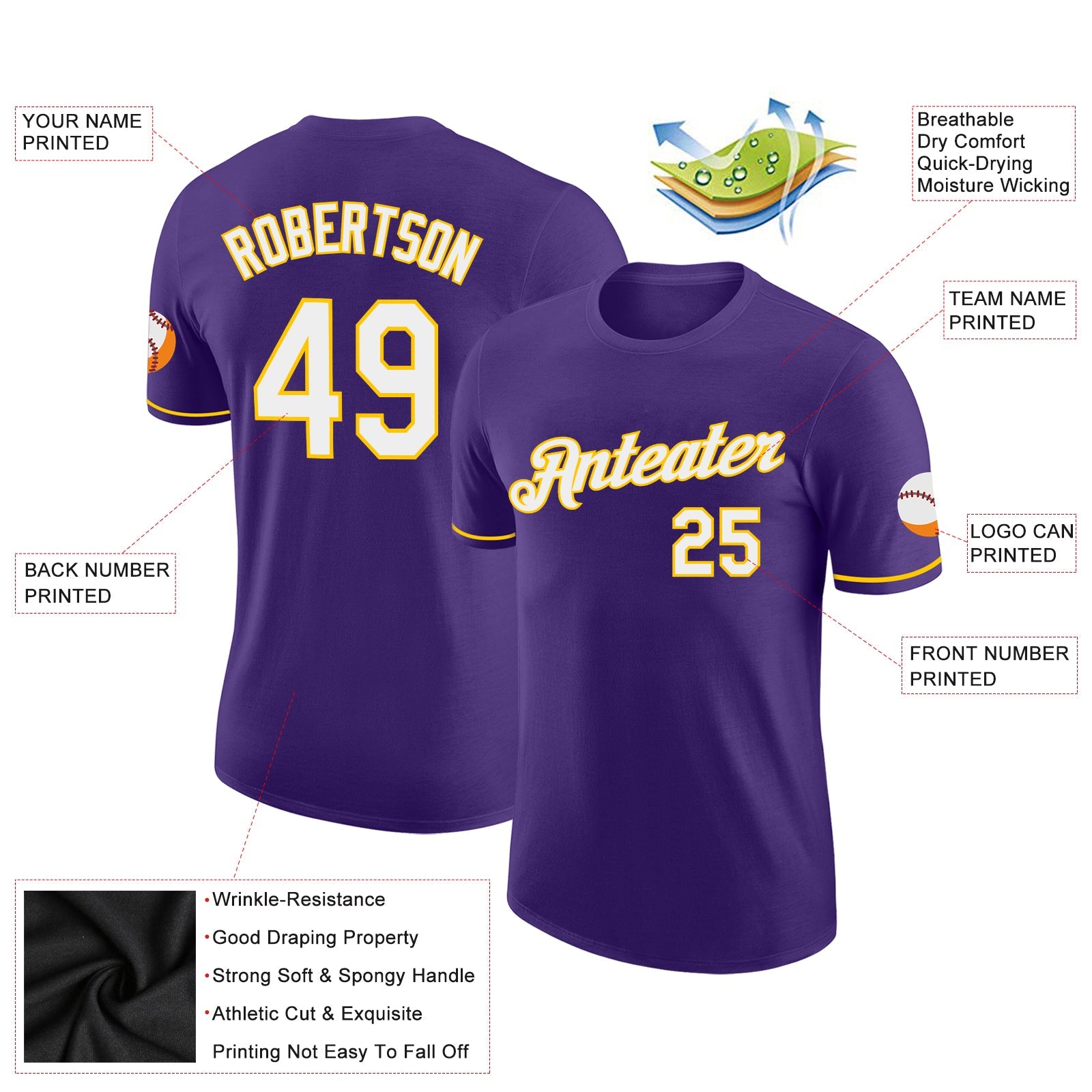 Custom Purple White-Gold Performance T-Shirt view 2