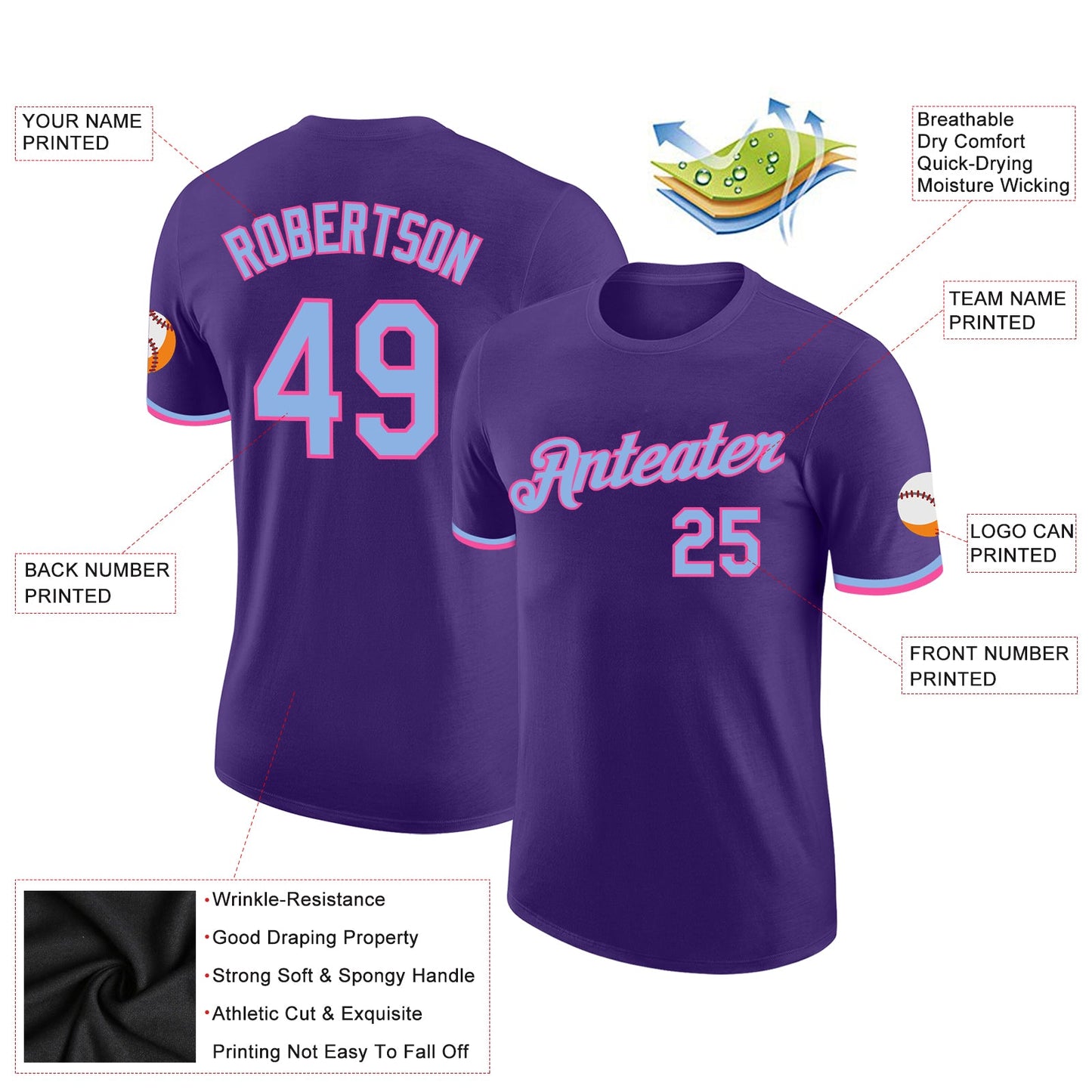 Custom Purple Light Blue-Pink Performance T-Shirt view 2