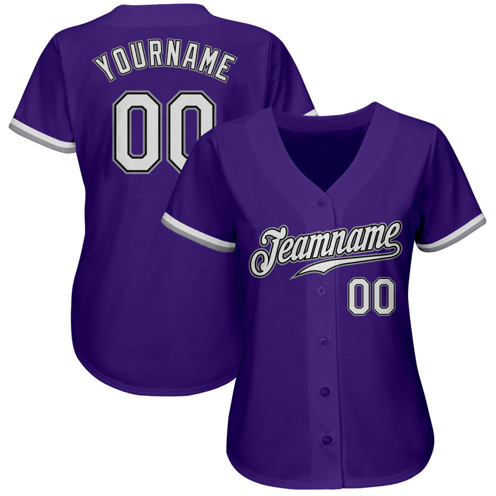 Custom Purple White Black-Gray Authentic Baseball Jersey view 2