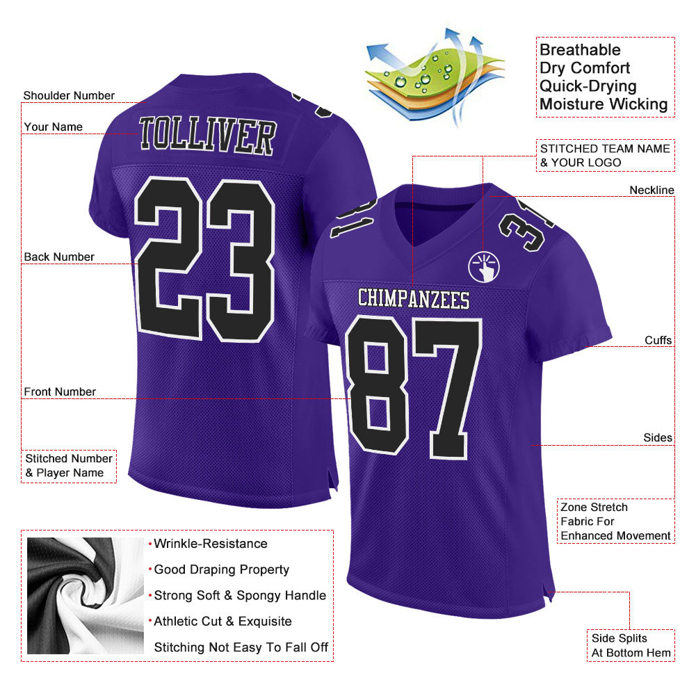 Custom Purple Black-White Mesh Authentic Football Jersey view 2