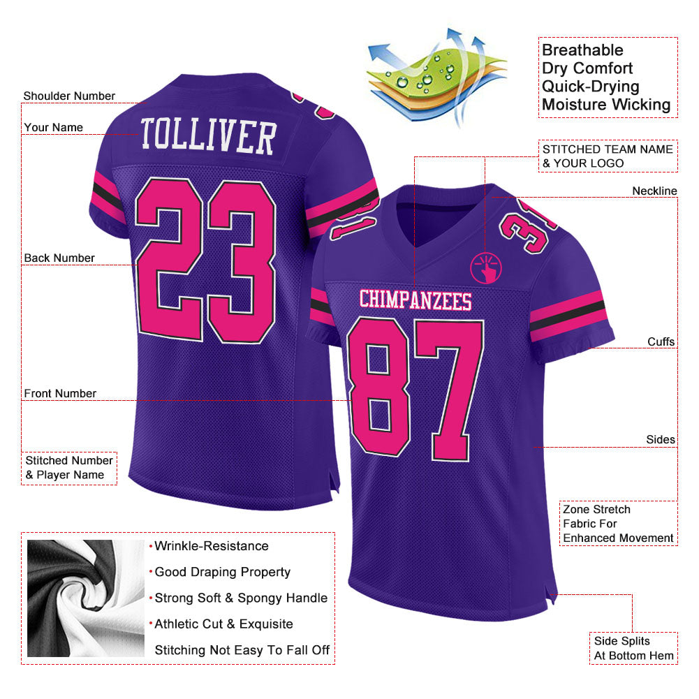 Custom Purple Hot Pink-Black Mesh Authentic Football Jersey view 2