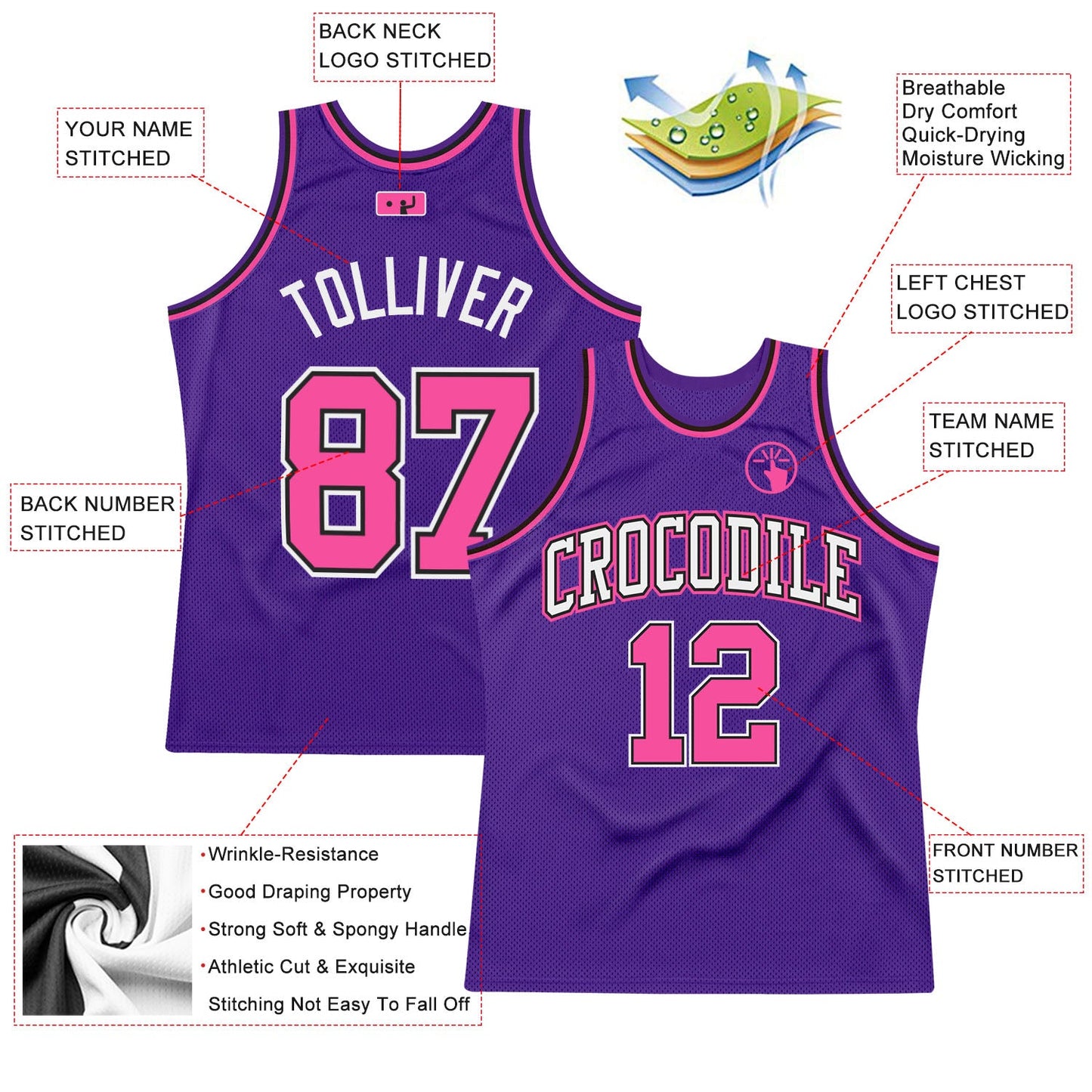 Custom Purple Pink-Black Authentic Throwback Basketball Jersey view 2