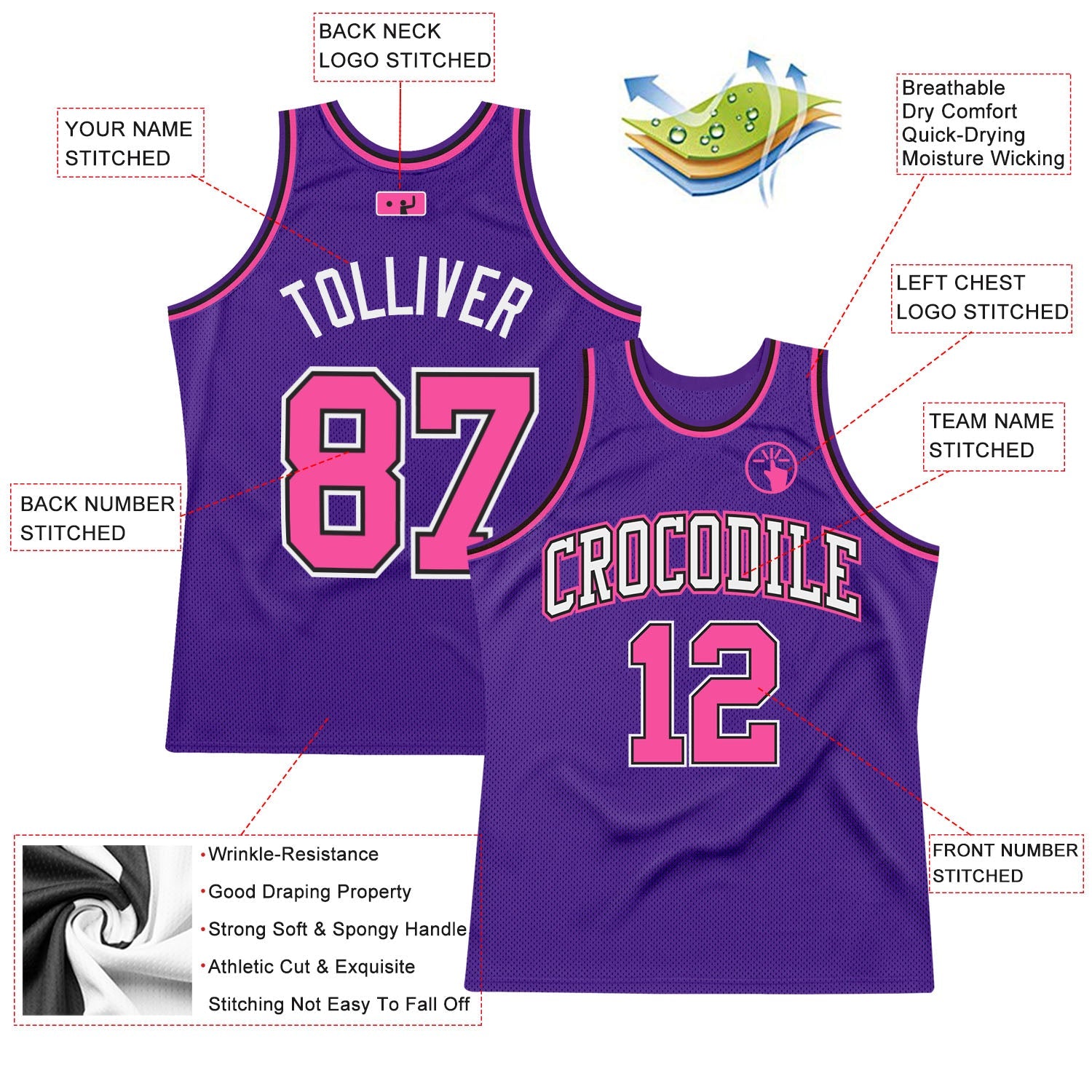 Custom Purple Pink-Black Authentic Throwback Basketball Jersey view 2