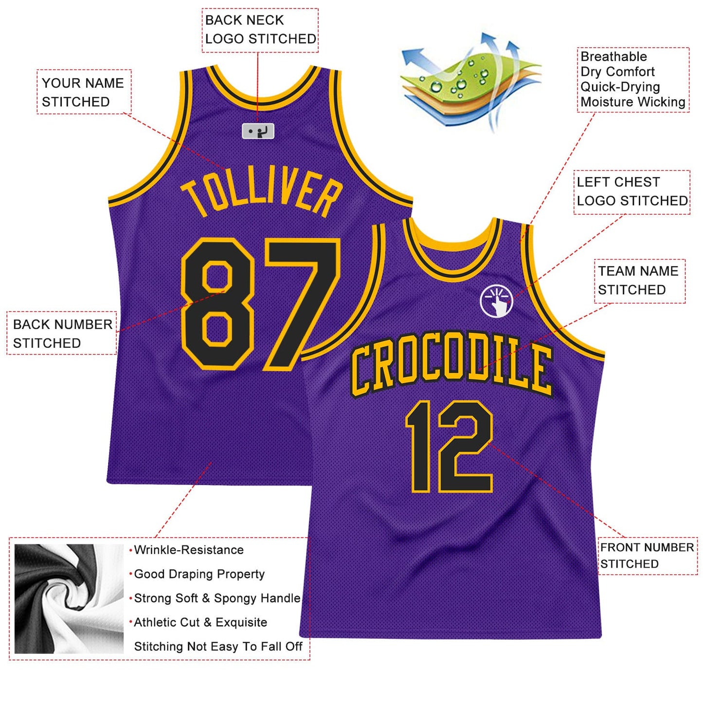 Custom Purple Black-Gold Authentic Throwback Basketball Jersey view 2