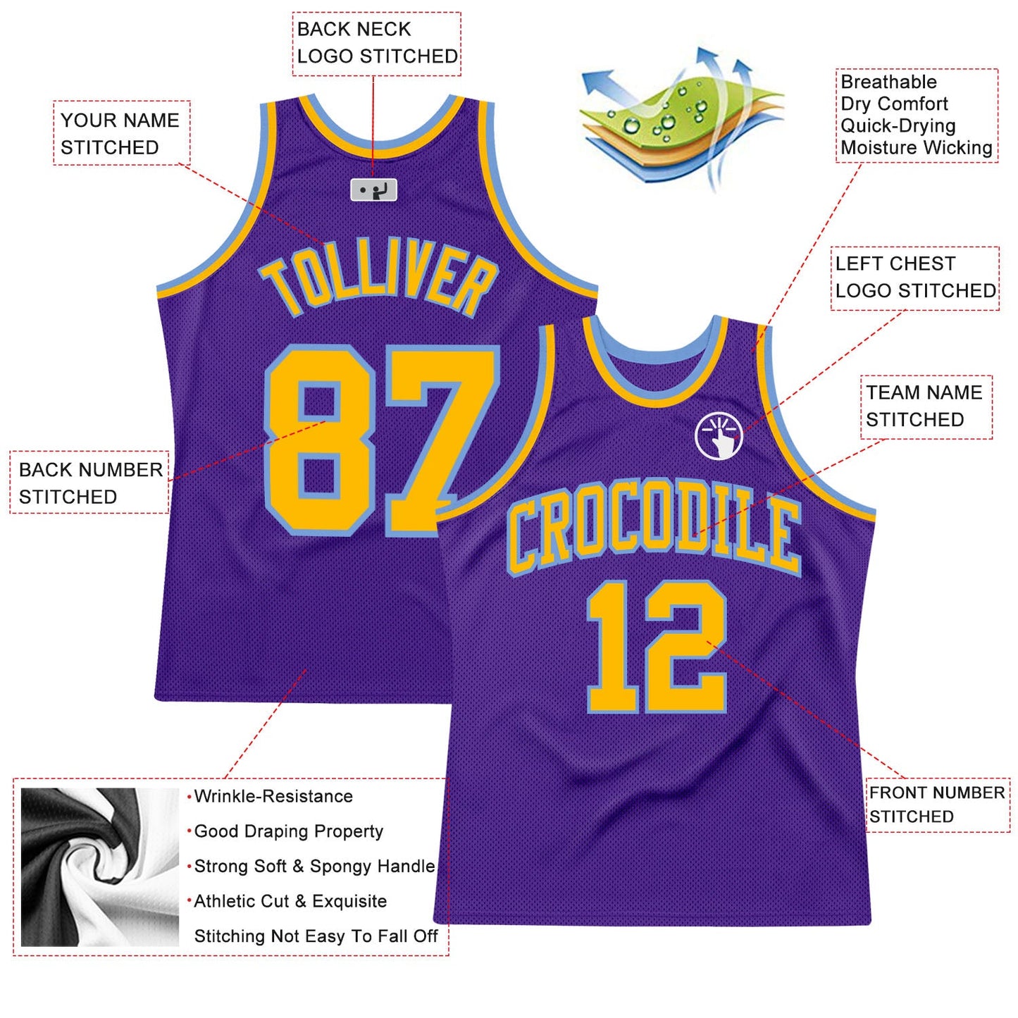 Custom Purple Gold-Light Blue Authentic Throwback Basketball Jersey view 2