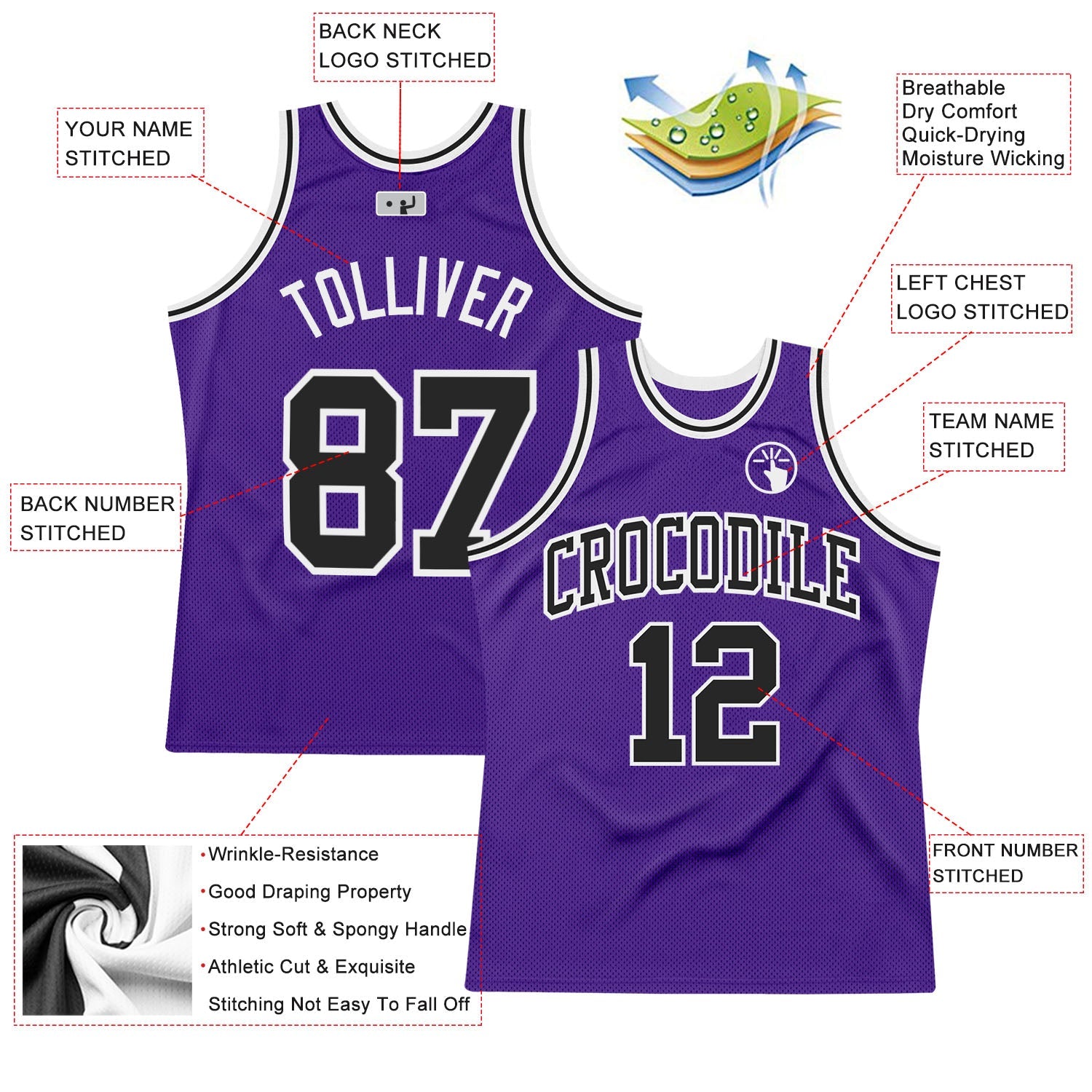 Custom Purple Black-White Authentic Throwback Basketball Jersey view 3
