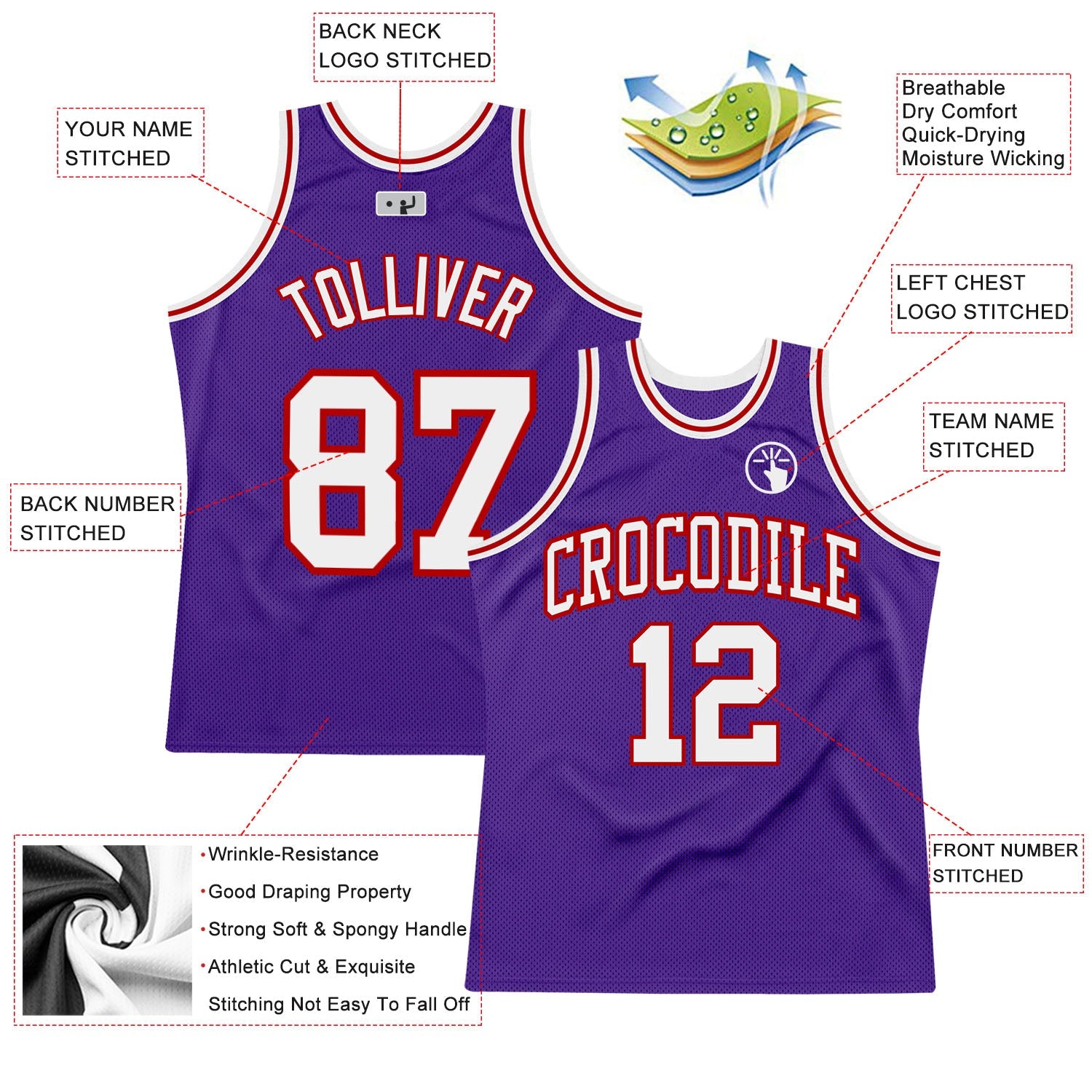 Custom Purple White-Red Authentic Throwback Basketball Jersey view 2