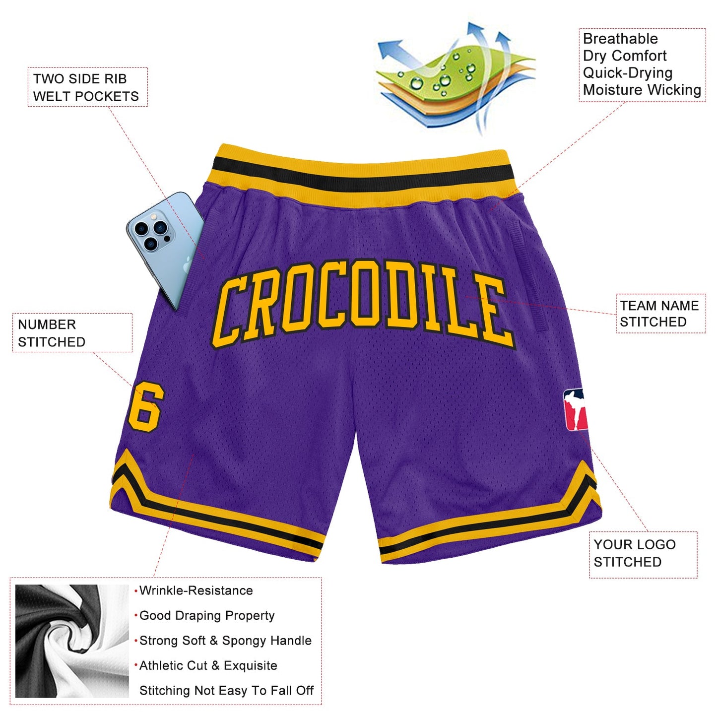 Custom Purple Gold-Black Authentic Throwback Basketball Shorts view 2