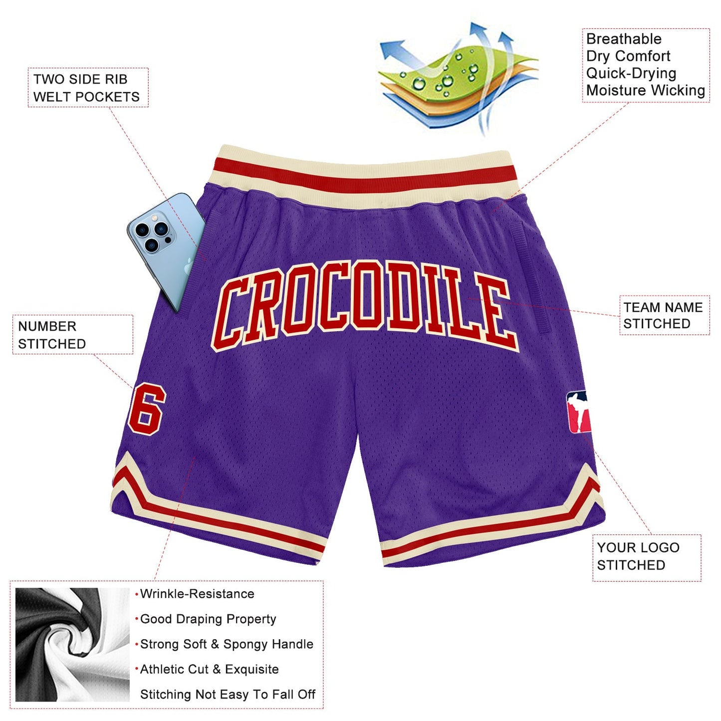 Custom Purple Red-Cream Authentic Throwback Basketball Shorts view 2