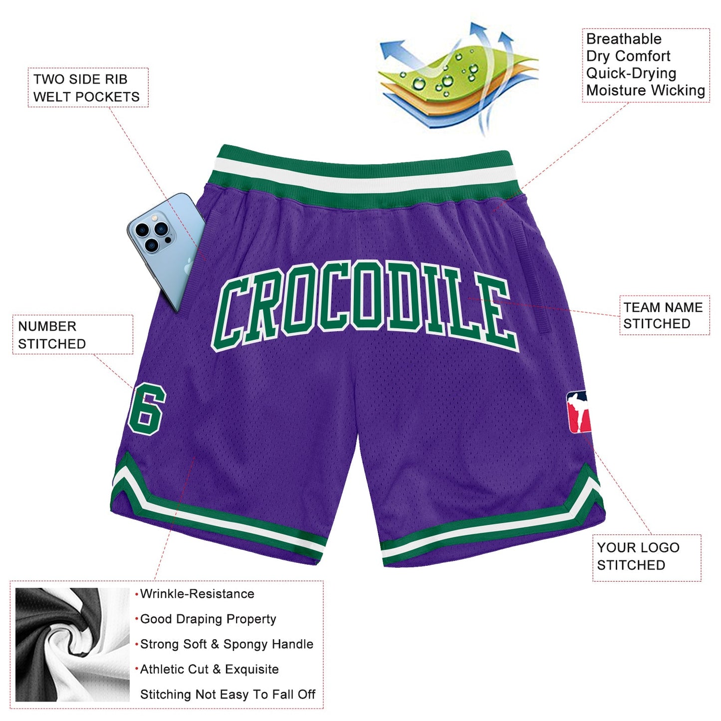 Custom Purple Kelly Green-White Authentic Throwback Basketball Shorts view 2