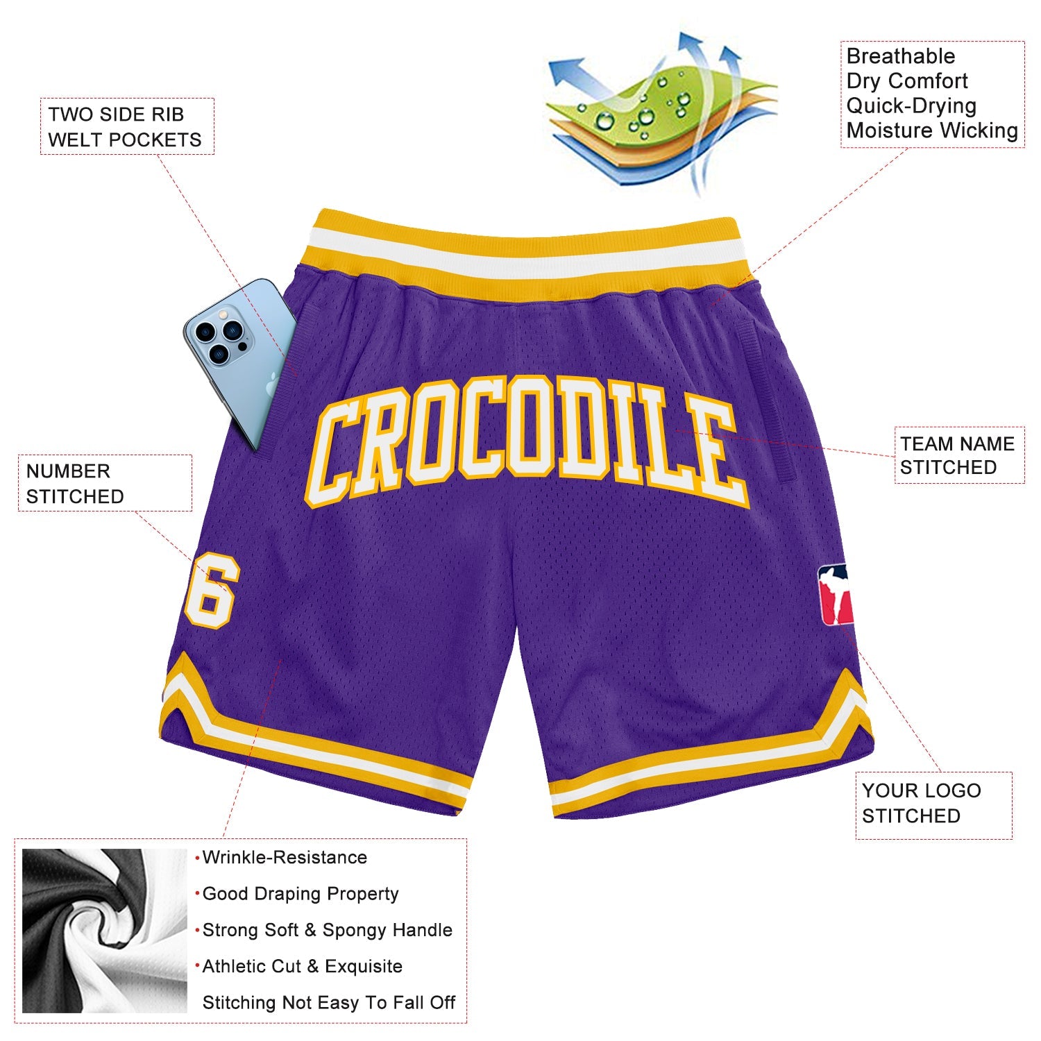 Custom Purple White-Gold Authentic Throwback Basketball Shorts view 2