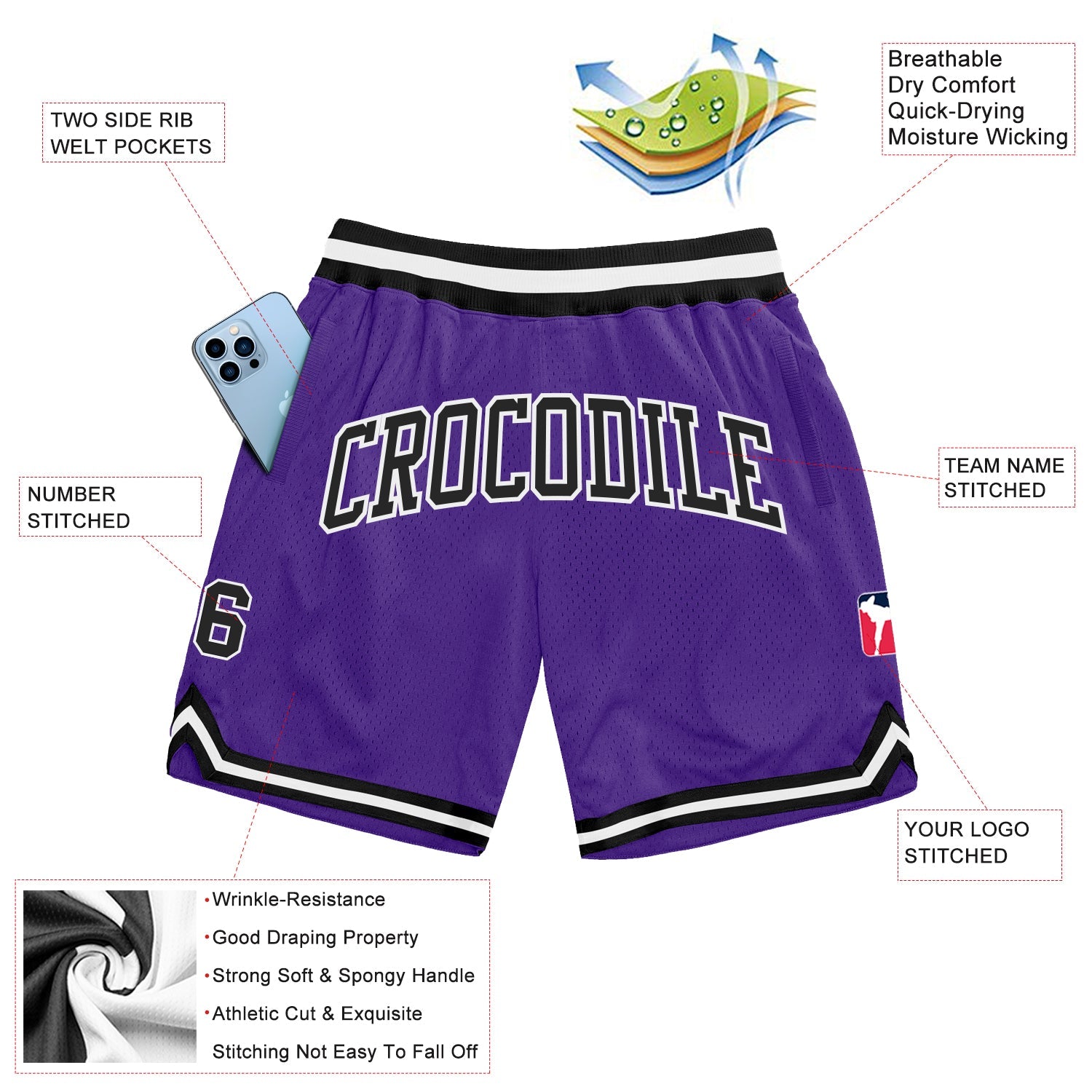 Custom Purple Black-White Authentic Throwback Basketball Shorts view 2