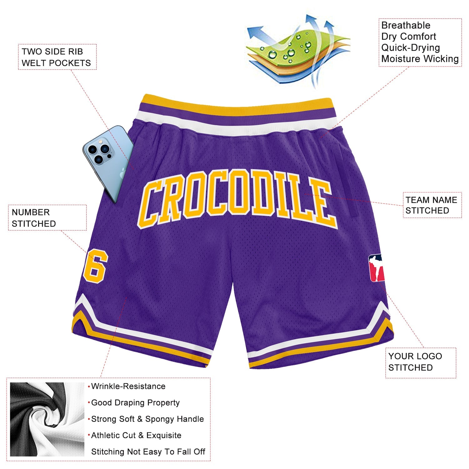Custom Purple Gold-White Authentic Throwback Basketball Shorts view 2