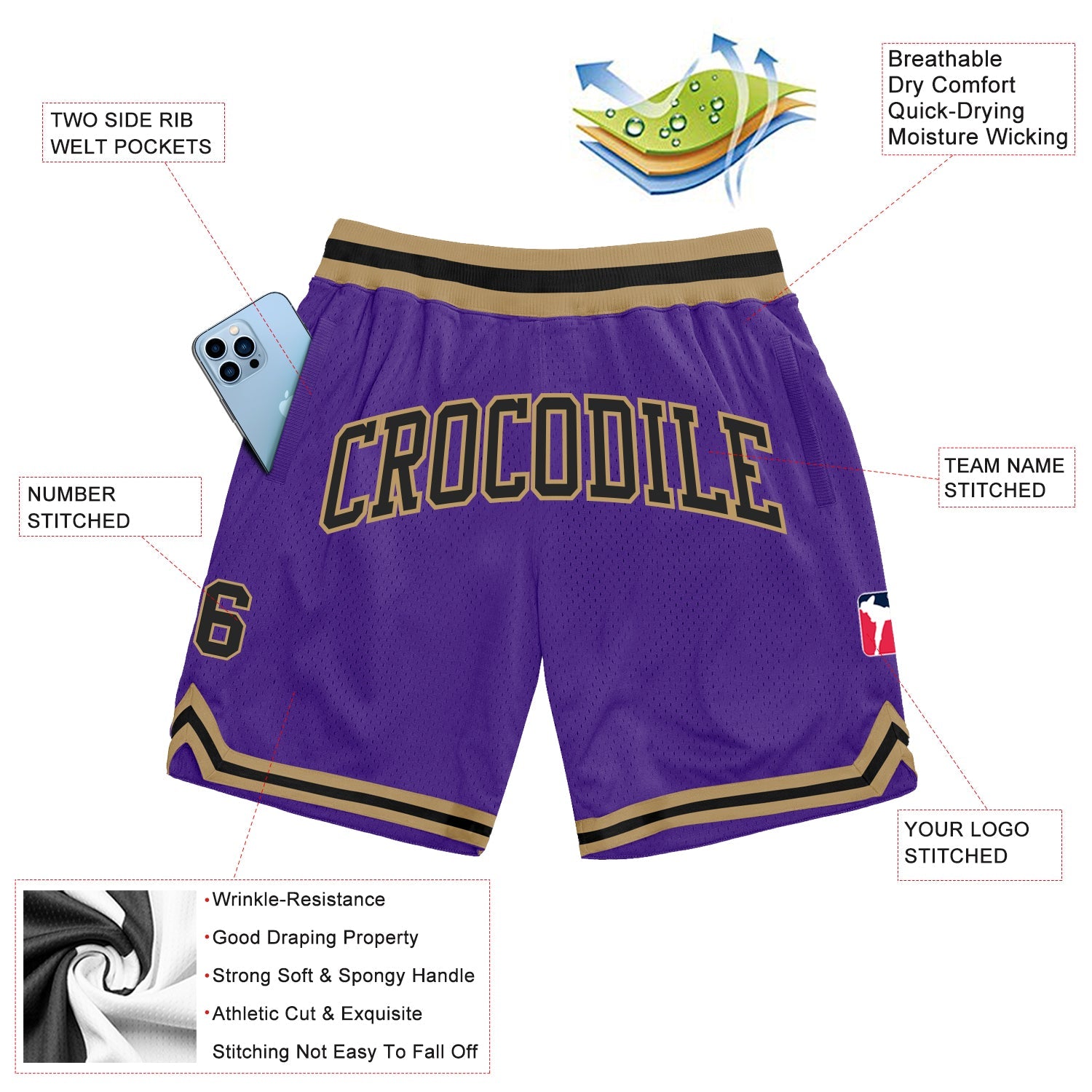Custom Purple Black-Old Gold Authentic Throwback Basketball Shorts view 2