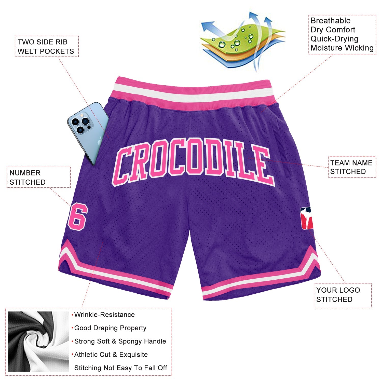 Custom Purple Pink-White Authentic Throwback Basketball Shorts view 2