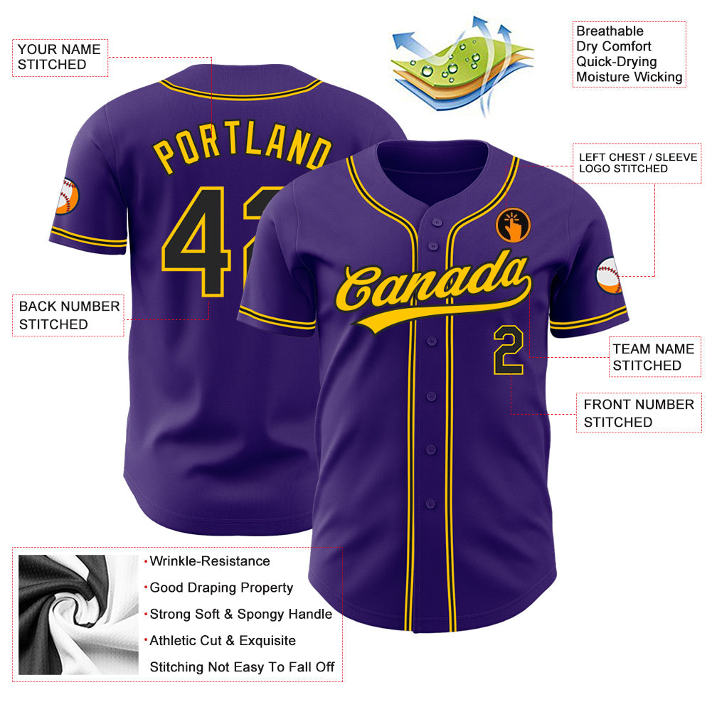 Custom Purple Black-Gold Authentic Baseball Jersey view 3