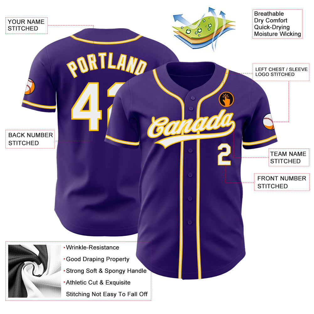 Custom Purple White-Gold Authentic Baseball Jersey view 3