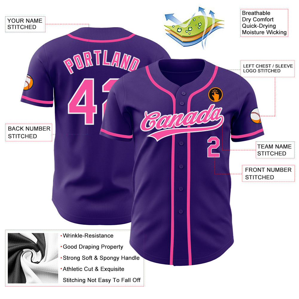 Custom Purple Pink-White Authentic Baseball Jersey view 4