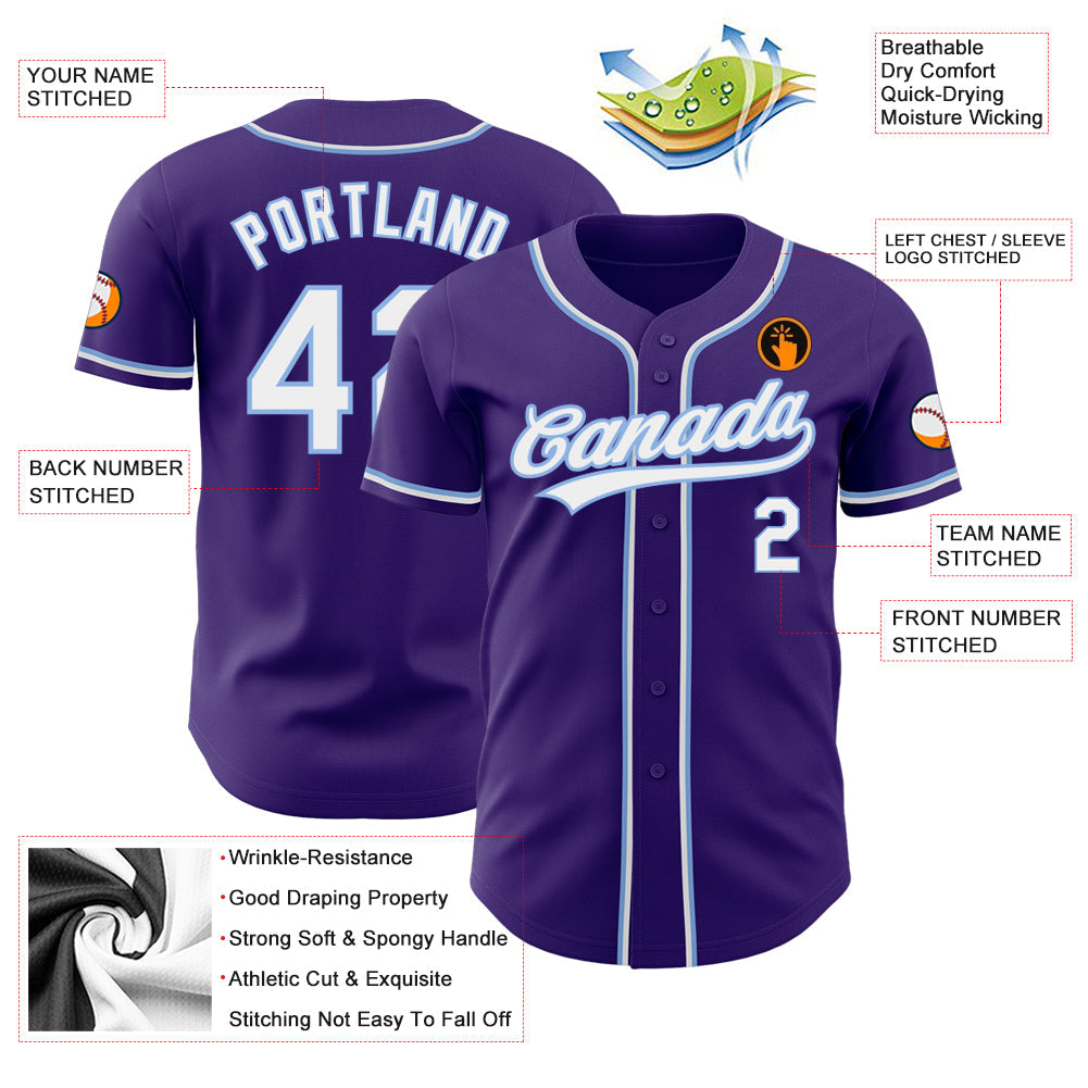 Custom Purple White-Light Blue Authentic Baseball Jersey view 3