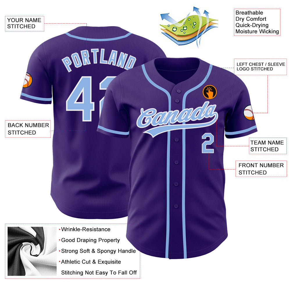 Custom Purple Light Blue-White Authentic Baseball Jersey view 3