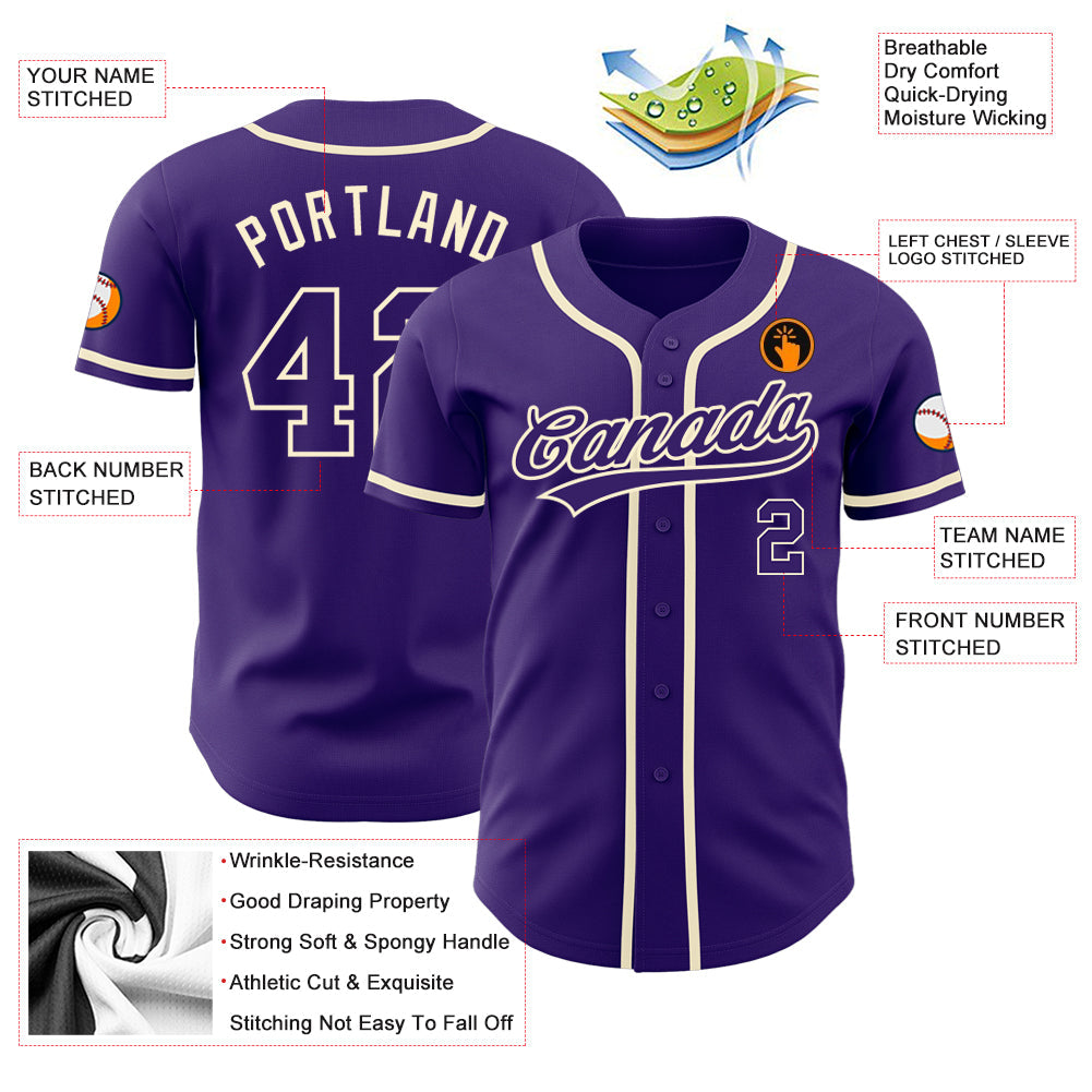 Custom Purple Purple-Cream Authentic Baseball Jersey view 3