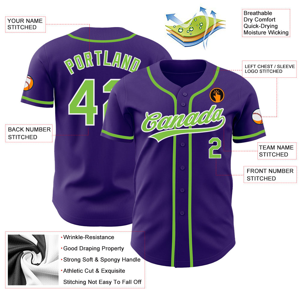 Custom Purple Neon Green-White Authentic Baseball Jersey view 3