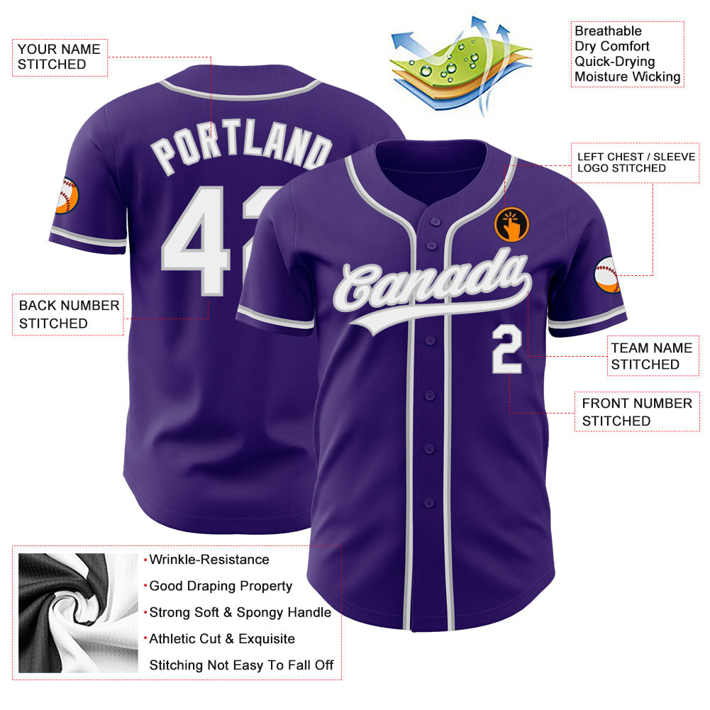 Custom Purple White-Gray Authentic Baseball Jersey view 3