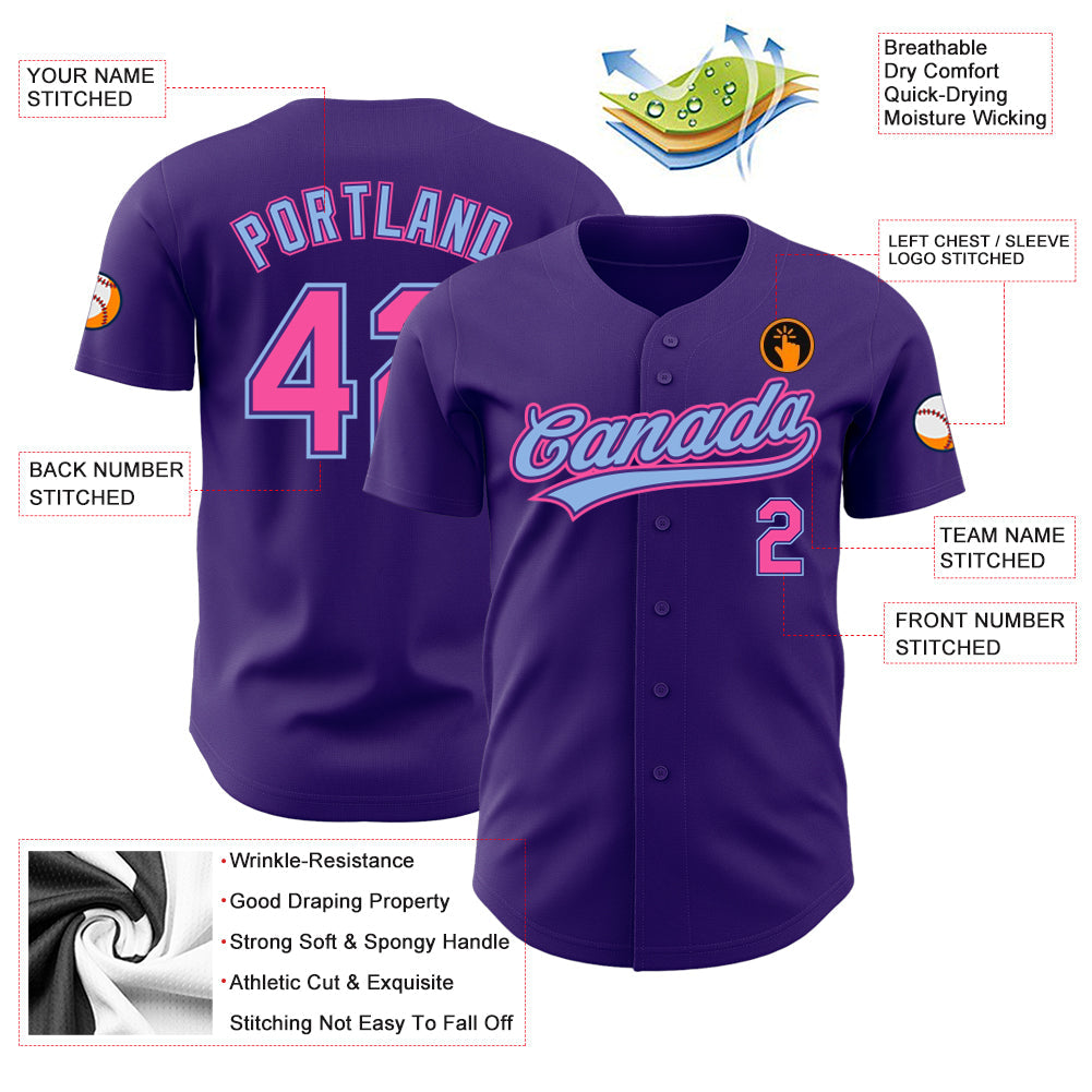 Custom Purple Pink-Light Blue Authentic Baseball Jersey view 3