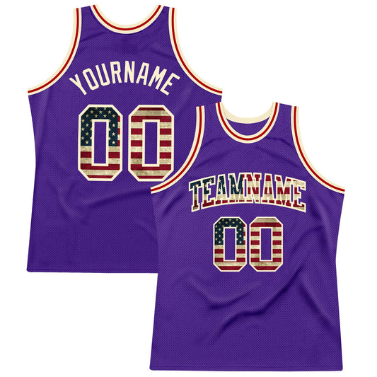 Custom Purple Vintage USA Flag-Cream Authentic Throwback Basketball Jersey - Main View