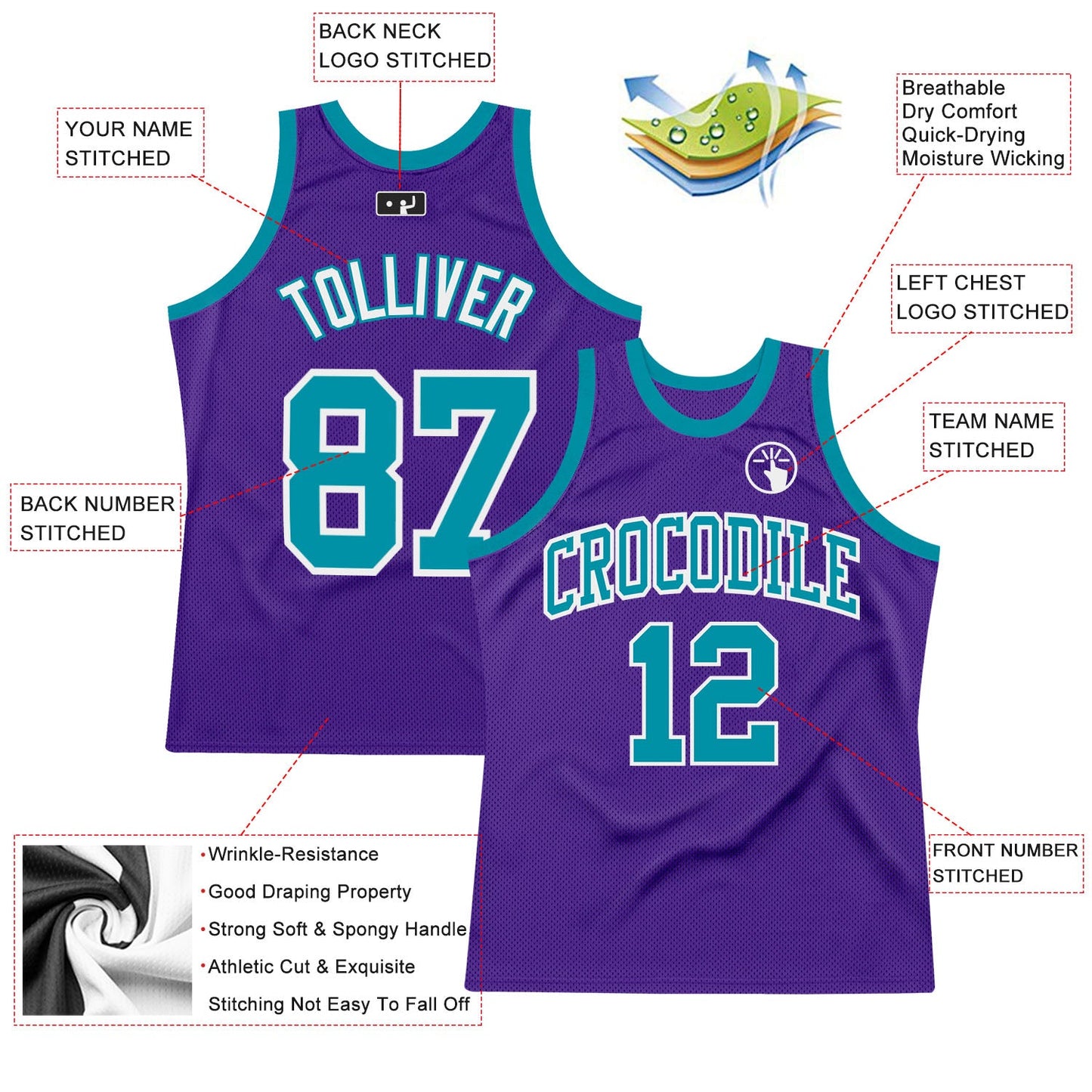 Custom Purple Teal-White Authentic Throwback Basketball Jersey view 2
