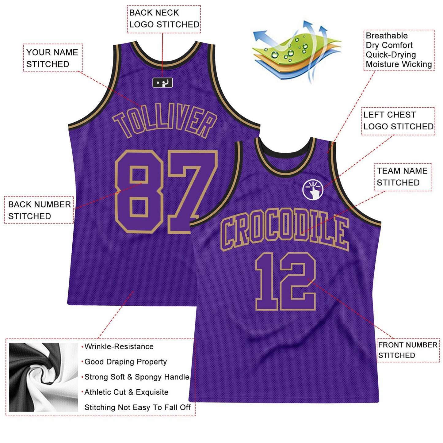 Custom Purple Purple Old Gold-Black Authentic Throwback Basketball Jersey view 2